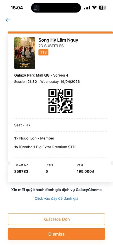Mẫu hóa đơn — vé + combo, vị trí mã QR & Ticket No.
